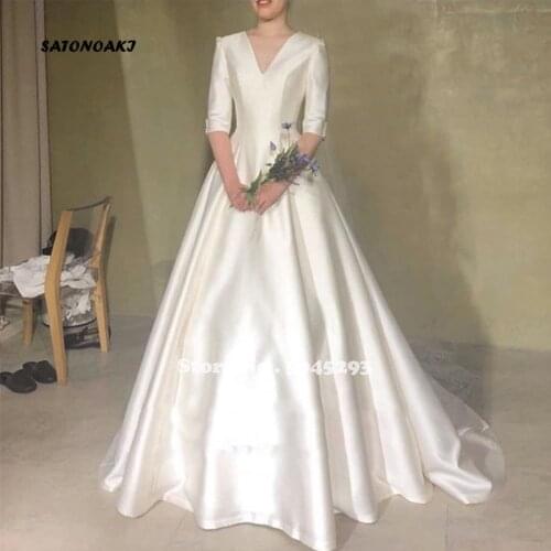 2020 Simple V-Neck Wedding Dress Half Sleeves Princess A-Line Vestido De Novia White Ivory Bridal Gown Robe Mariage Online Shop