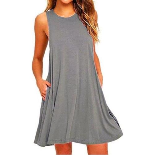 2021 Hot New WomenS Summer Casual Swing T-Shirt Dresses With Pockets Plus Size Loose Fashion Sleeveless Vest Solid Color Dress