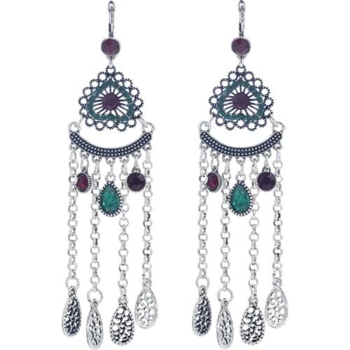 Afghan Oxidized Silver Color Long Tassel Earring Rhinestone Statement Earrings for Women Bohemian Indian Turkish Party Jewelry