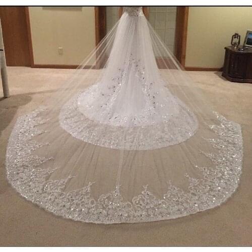 Bling Crystal Beaded Lace Bridal Veil White/Ivory Cathedral Appliqued Wedding Veil With Comb 3M/5M Wedding Gift Accessories 2021