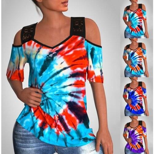 Lace Straps T-shirt Womens Casual Tie-dye Printing Off The Shoulder Short Sleeve V-neck Shirt Summer Casual Loose Top