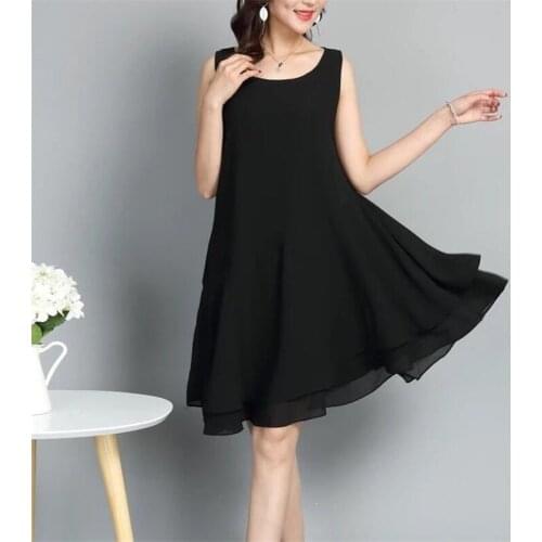 Plus Size Flyaway Loose Midi Dress Women Summer Chiffon Dress Solid Color O-Neck Sleeveless Vestidos Ladies Dresses Big Size 7XL