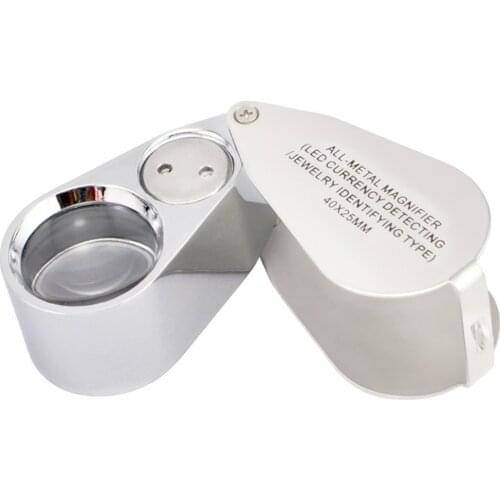 40X 25mm Mini All Metal Magnifier With 2 White LED Light 1 UV LED Light Jewelry Identifying Type Optical Glass Magnifier