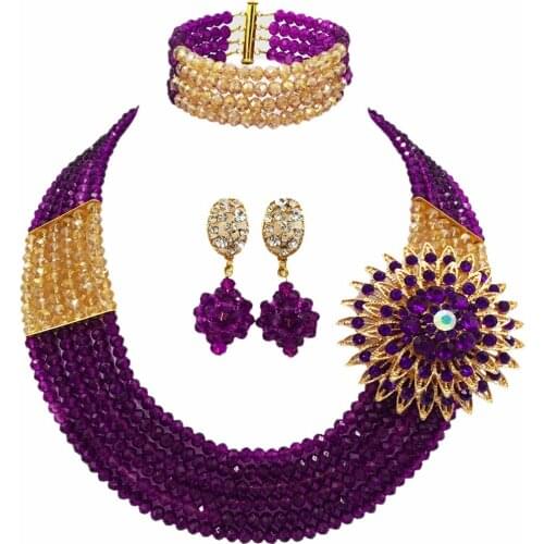 Fashion Purple Gold AB Multi Strands Beads Necklace Sets Nigerian Wedding African Beads Jewelry Set Crystal 6-SS07