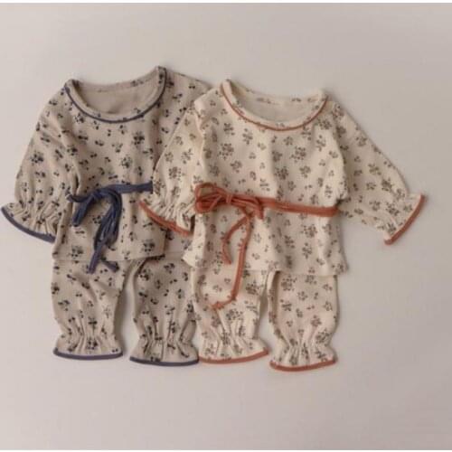 2021 Autumn New Baby Girl Cotton Pajamas Tops Pants 2pcs Baby Clothes Set Long Sleeve Kids Sleepwear Suit Floral Infant Outfits