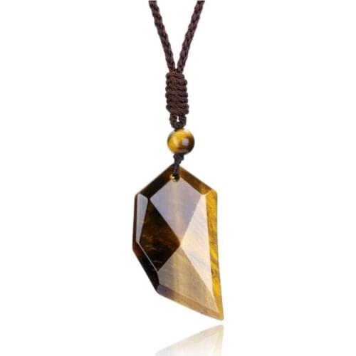 Handmade Weave Geometric Shape Tiger Eye Stone Pendant Rope Chain Necklace Black Agates Ethnic Jewelry