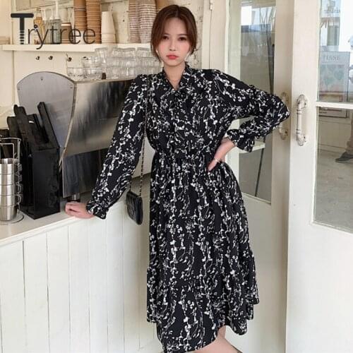 Trytree 2021 Spring Summer Womens Dress Casual Printed Bow Collar Flare Sleeve Elastic Waist Floral Ruffled Hem Black Dress