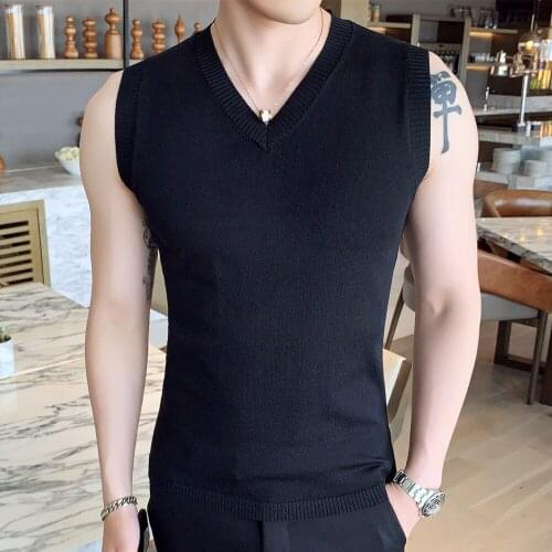 Sexy Black V-neck Knitted Vest For Mens Back-up Shirt Solid Color Slim Fit Sleeveless Top With Wool Fitnessmuscle Man Sweaters