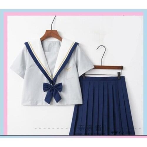 Sky Blue Jk School Uniform Cute Girl Daily Sailor Suit Dress Jpanese Kawaii Exquisite Embroidery Bowknot Preppy Suit Top + Skirt