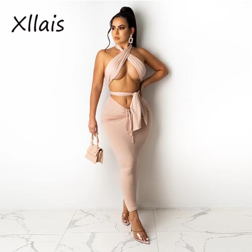 XLLAIS Halter Neck Bandage Tops Ruched A-Line Pencil Skirts Matching Outfits Women Sexy Tight Slim Party Clothing Summer Holiday