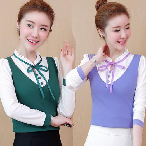 Women Long Sleeved Tie Bow Stand Collar Shirt & Blouse Spring Autumn 2020 Female Vacation Two-piece Stitching Bottoming Tops