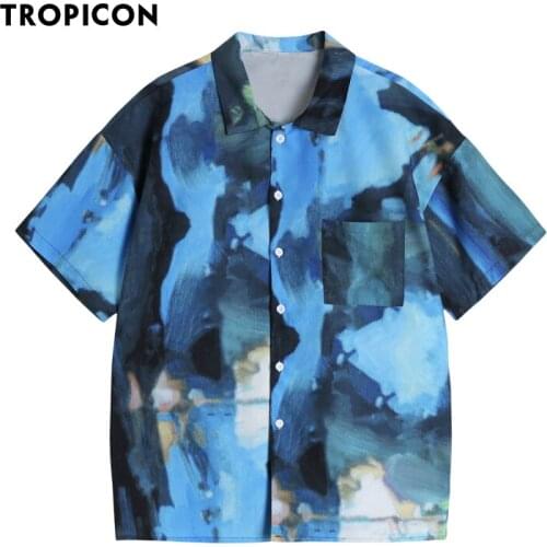 TROPICON Oil Painting Designer Button Up Shirt For Women Summer 2021 Fashion Loose Short Sleeve Collared Shirt Blue Fashion Top