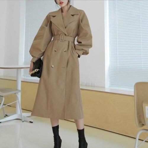 Women 2021 Fashion With Belt Double Breasted Trench Coat Vintage Long Sleeve Pockets Female Outerwear Chic Overcoat