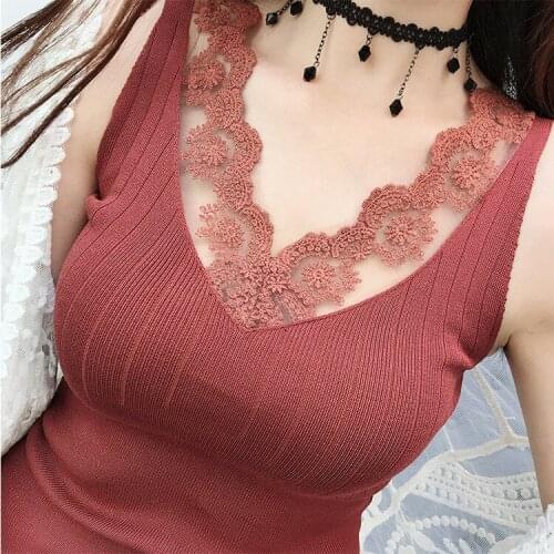 Women Corset Tops Embroidered Lace Stitching V-neck Knitted Vest Womens Sling Top Tank Camis Crop Top For Women