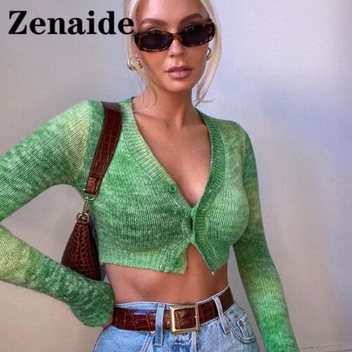 Zenaide Autumn Winter Knitted Cardigan Sweaters Women Sexy V Neck Long Sleeve Fashion Y2K Print Crop Sweater Casual Jumper Top