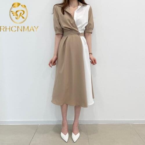 Korean 2021 Summer Slim Waist Elegant Stitching Long Dress for Women Short Sleeve A Line Fashion Dress Female Chic Style Dress