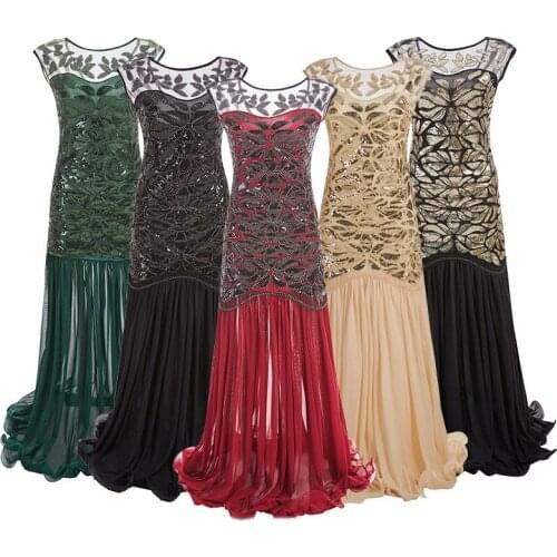 New Women Vintage 1920s Beaded Mesh Patchwork Long Gatsby Flapper Dress O-Neck Sexy Sequin Party Dress Long Gowns De Verao