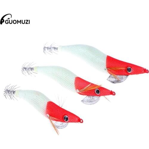 1pc Luminous Squid Jigs 2.5# 3.0# 3.5# Glow Wood Black White Red head Shrimp with Octopus Hooks Cuttlefish Fishing Lure