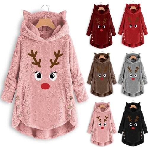 2021 Fashion Sweatshirt Women Spring Printed Cat Ears Hooded Fleece Hoodies Large Size Button Fur Warm Pullover Casual Tops