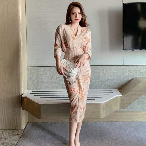 2021 Autumn High End Women Dresses Vintage Three-quarter Sleeve v neck Office Ladies Party bodycon print Chiffon Dress Vestidos