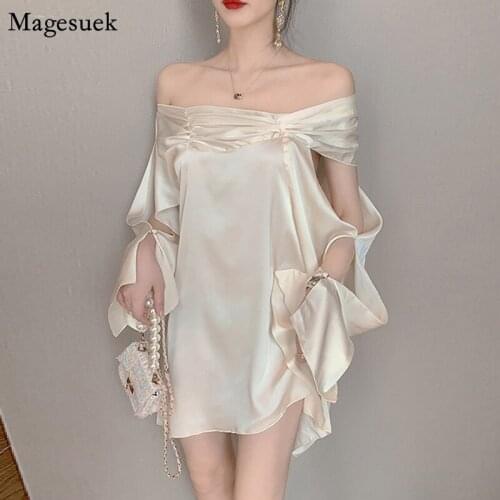 Slash Neck Satin Summer Dress Women 2021 Backless Sexy Short Party Dress Ladies Long Sleeve Solid Casual Dresses Woman Robe13423
