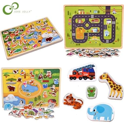 Kids Wooden Magnetic Puzzle Animal and Traffic Vehicle Game Children Baby Early Educational Learning Toys Jigsaw Puzzles ZXH