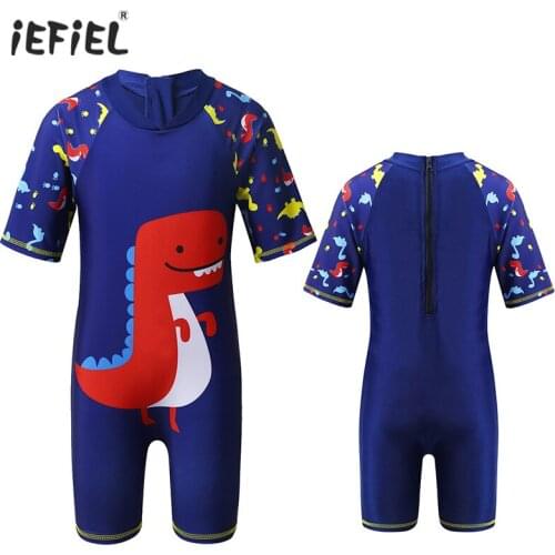Kids Boys One-piece Swimsuit Beach Wear Short Sleeves Shark/Dinosaur Printed Zippered Swimwear Bathing Suit Sunsuit Rash Guards