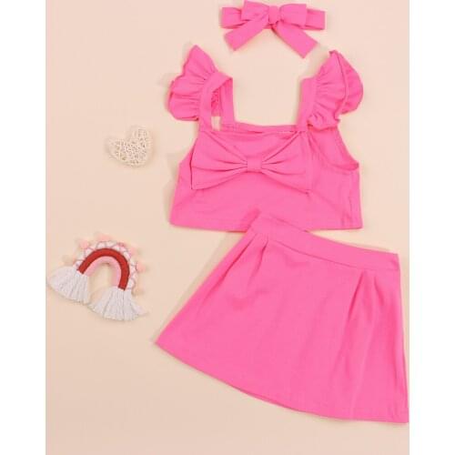 Girls Casual Three-piece Clothes Set, Pink Solid Color Square Collar Fly Sleeves Tops, Short Skirt And Headdress 1-6T