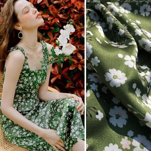 European and American Fashion Fabric Green and Small Blue Flowers Clothing Skirt Handmade DIY Customized Fabric
