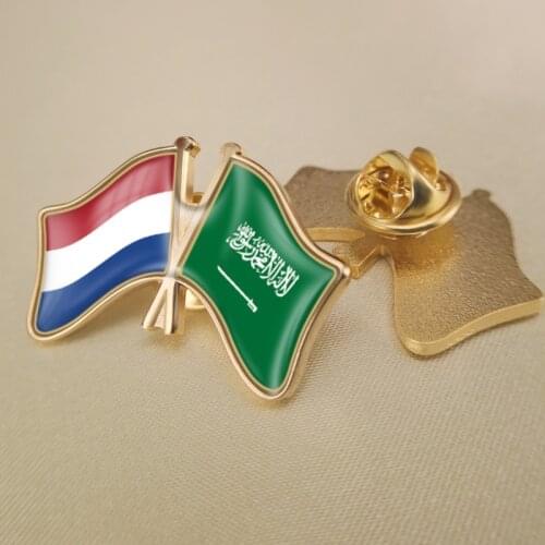 Netherlands and Saudi Arabia Crossed Double Friendship Flags Lapel Pins Brooch Badges