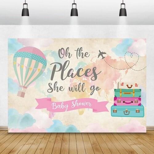 Laeacco Baby Shower Backdrops For Photography Colorful Clouds Hot Air Balloon Suitcases Photo Backgrounds Princess Newborn Girl