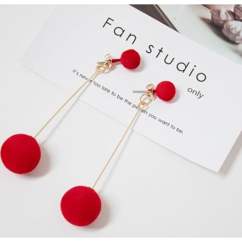 Earrings Fashion Red,Black Plush Ball Hanging Earrings Female Personality Round Long Earrings Own Gift Jewelry Statement Earring