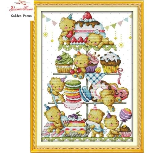 Golden Panno,Sweet little bear cake decor painting counted print on canvas DMC 11CT 14CT Chinese Cross Stitch kits embroidery 22