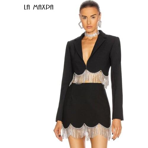 2021 New WomenS Sexy Deep V-Neck Rhinestone Fringed Long Sleeve Jacket + High Waist Rhinestone Fringed Skirt Suit