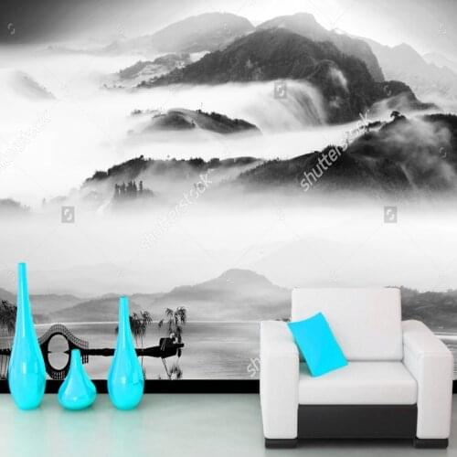 Chinese landscape wallpaper, mountain lake painting, retro murals for living room bedroom sofa background wall vinyl wallpaper