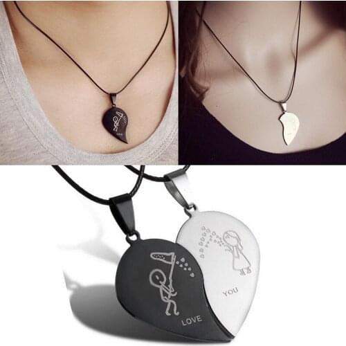 1 Pair Broken Heart Pendant Black Cord Necklace Engrave Love You Choker Necklaces