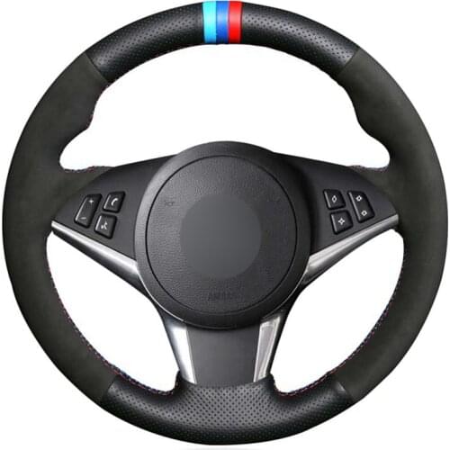 DIY Hand-sewn Black Genuine Leather Suede Car Steering Wheel Cover for BMW E64 2004-2010 E60 E61 (Touring) 530d E63 2003-2010
