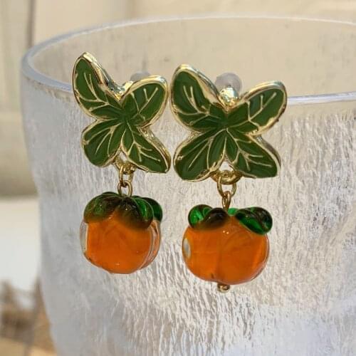 New Vintage Orange Clear Glass Persimmon Earring Creative Fruit Orange Persimmon Earrings For Women Girls Fashion Jewelry Gift