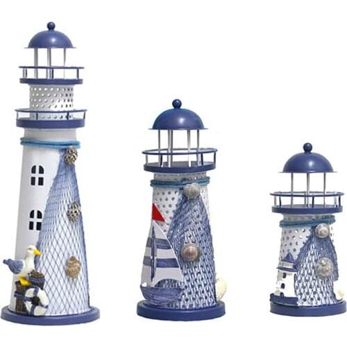Mediterranean Style LED Lighthouse Iron Figurine Nostalgic Ornaments Ocean Anchor for Home Desk Room Wedding Decoration Crafts