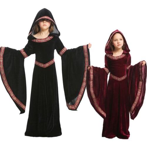 Umorden Kids Child Teen Girls Medieval Sorceress Pagan Witch Costume Gothic Velvet Hooded Dress Halloween Carnival Costumes