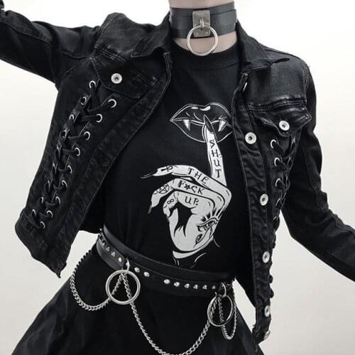 Rock Punk Style T-shirts Women Streetwear Gothic Grunge Black T-Shirt Aesthetic Witchcraft Tee Goth Graphic Lips Shirt Tops