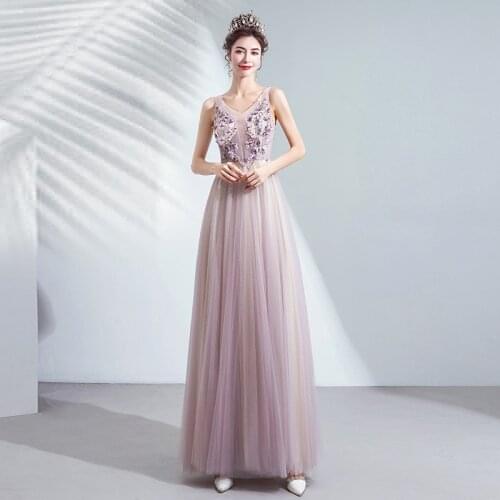 Evening Dresses Illusion A-Line V-Neck Sleeveless Appliques Beading Sequined Backless Lace Tulle Purple Women Formal Gown TS014