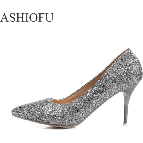 ASHIOFU New Shiney Ladies High Heel Pumps Glitter Party Prom Dress Shoes Pointed Toe Fashion Evening Court Shoes 4 Colors Option