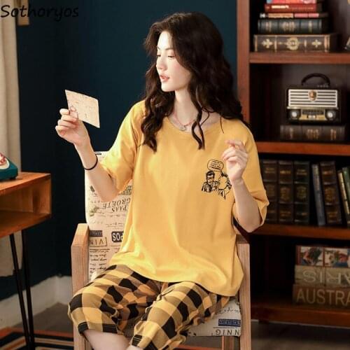 Pajama Sets Women Printed Plaid-bottom Slim Large Size 2XL Soft Unisex Korean Style Harajuku Sleepwear Skin-friendly Trendy Ins