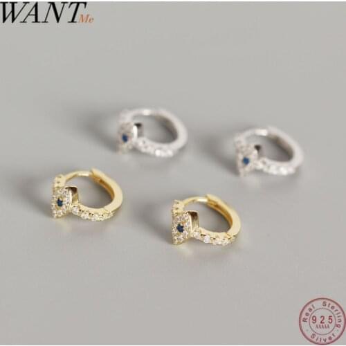 WANTME Trendy Punk Blue Crystal Zircon Evil Eye Stud Earrings for Women Genuine 100% 925 Sterling Silver Demon Eye Jewelry Gift