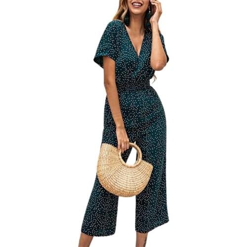 Summer New Jumpsuit Loose Polka Dot Printing All-match Casual Women V-neck Jumpsuits Rompers Pocket Overalls Vacation Party 2021