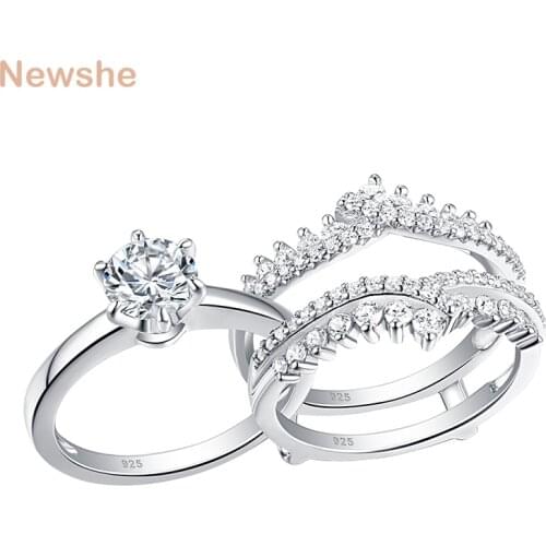 Newshe 2 Pcs 925 Sterling Silver Wedding Rings Set For Women Solitaire Engagement Ring Detachable Guard Band AAA Zircon BR0910