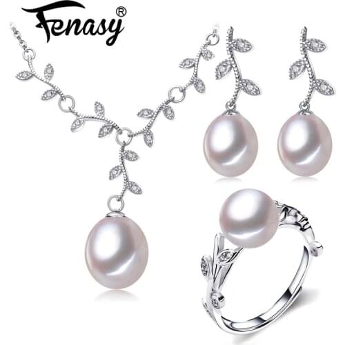 FENASY 925 Sterling Silver Jewelry Sets for Women Natural Freshwater Pearl Necklaces For Women Flower Pendant Drop Earring Ring