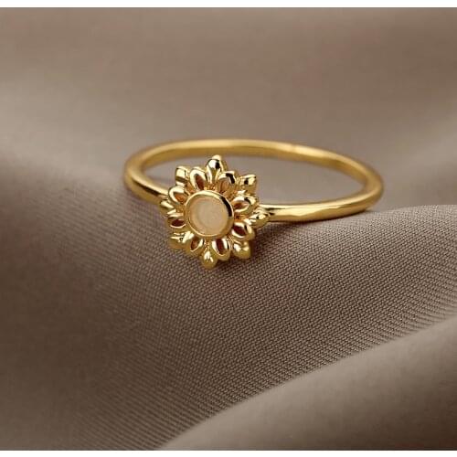 2021 trend Vintage Opals Ring Womens ring Lotus Flower Rings for Women Stainless Steel Pearls Gold Finger Accessories Jewelry