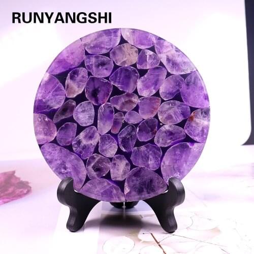 1PC 100% Natural Amethyst Crystal stone circle disk round plate Purple gemstone fengshui mirror for home office decor